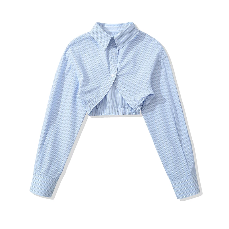 Women Blue Stripe Cropped Shirt Lapel Collar Long Sleeve Elastic Irregular Hem Casual Y2K Blouse Top