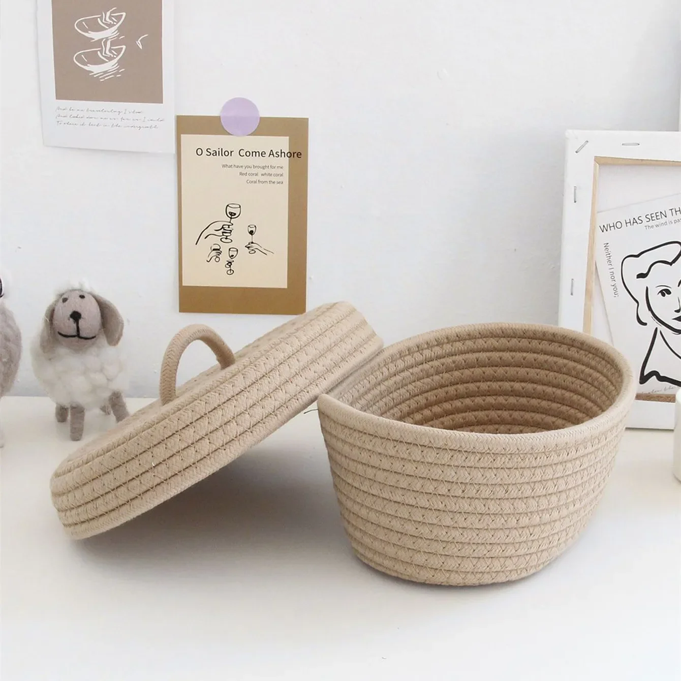 Simple Desktop Storage Baskets Lid Handmade Woven Remote Control Organize Boxs Multifunctional Sundries Cosmetics Container Item