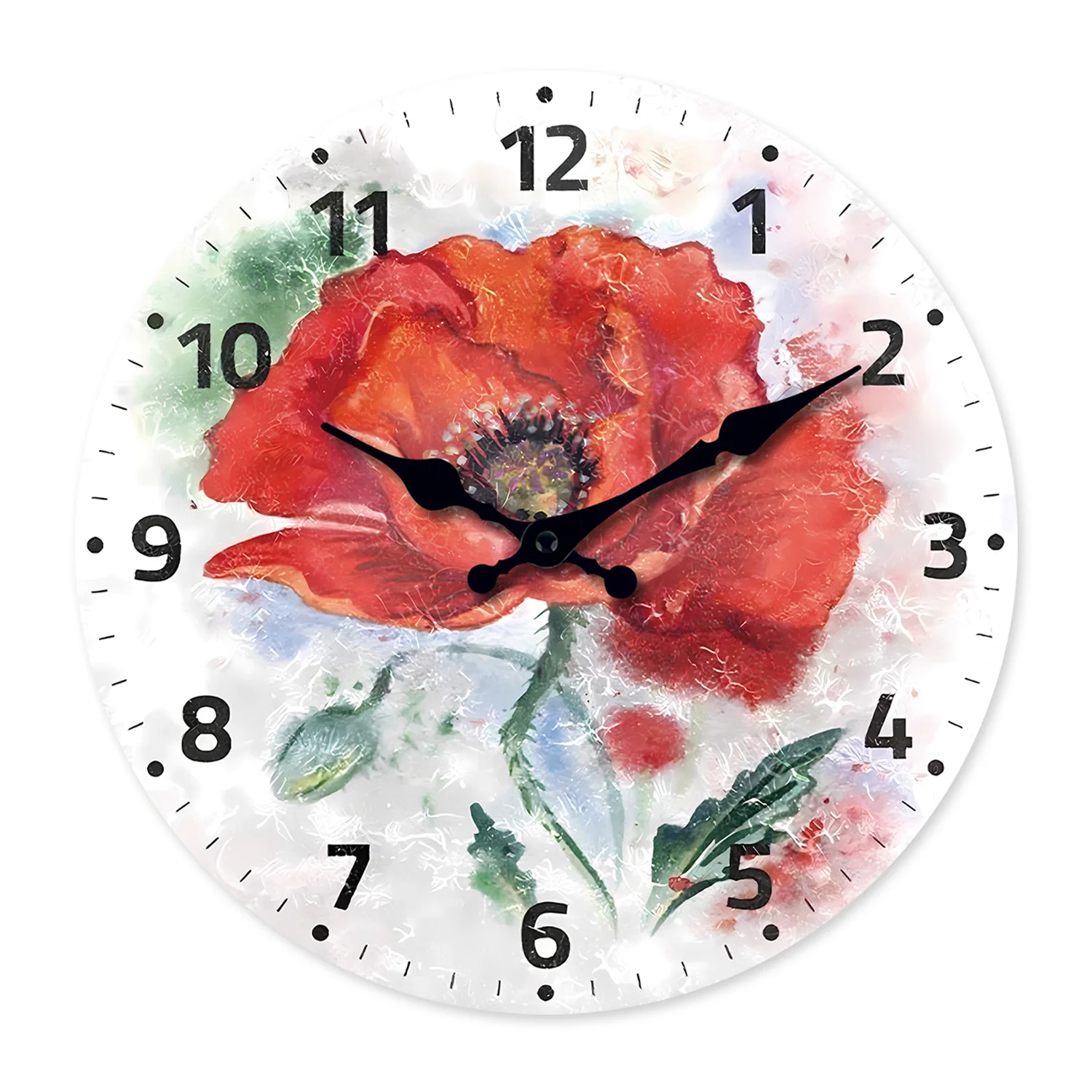 Künstlerische Wanduhr aus Holz mit rotem Mohnblumen-Ölgemälde-Muster für Wohnzimmer, Schlafzimmer, Küche, Heimdekoration, leise Quarzuhr, Weihnachtsgeschenk, 10 Zoll, 12 Zoll (ohne Batterie)