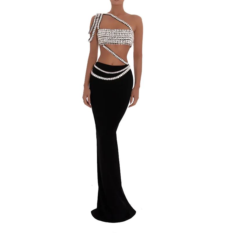 Women Sexy 2PC One-Shoulder Draped Cut-Out  Body-Con  Large Acrylic Sequin Square Neck Top Skinny Mermaid  Slit Maxi Skirt Set