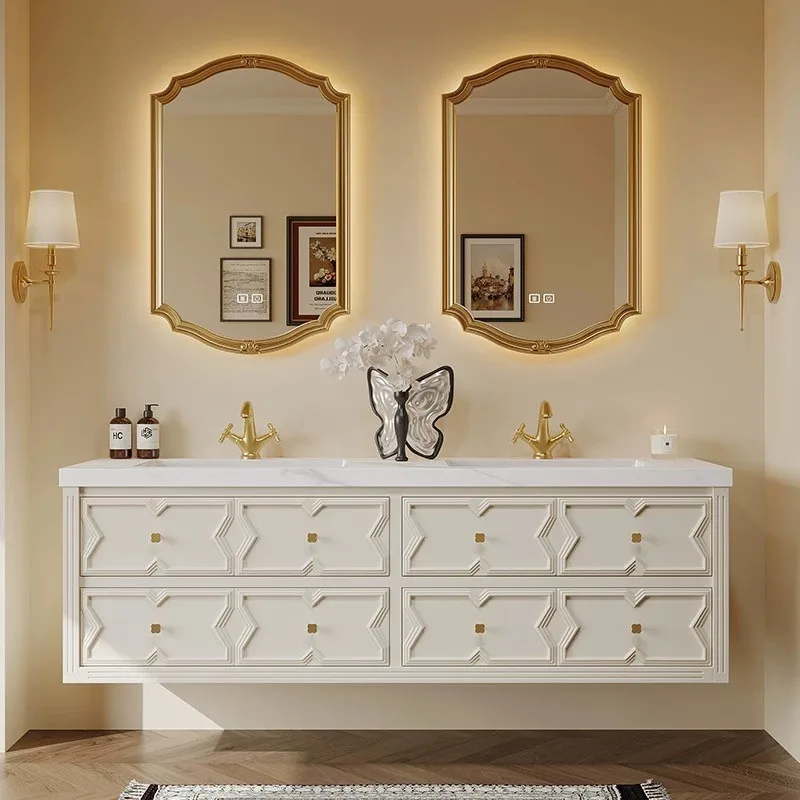 French retro oak bathroom cabinet slate hot bending integrated basin