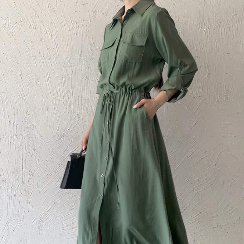 Matakawa Shirt Dresses for Women Solid Long Sleeve Japan Style Elegant Vestidos A-line Simple Fashion Casual Long Dress Vintage