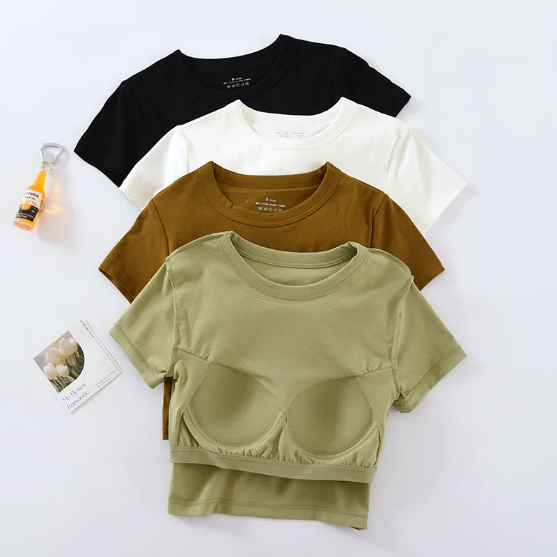 Women's T-Shirts Short Sleeve with Padded Wireless Bust Base Layer Tops Round Neck Crop Tops Cotton Female Blouse Outwear C5544