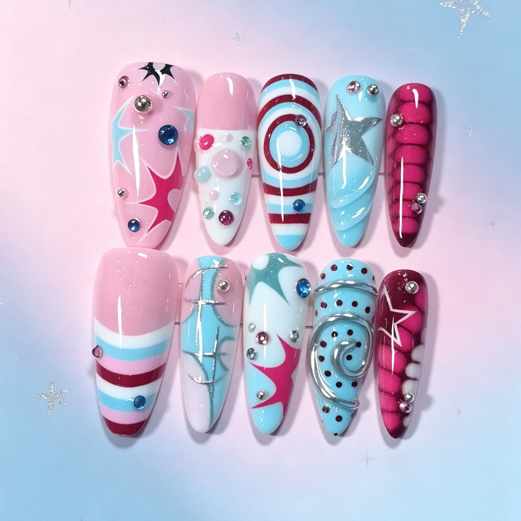 10 Pieces of Hand Pressed Almond Shaped Nails, Beautiful Fake Nails, Pink Blue Dopamine Millennium, Suitable for Women to Use