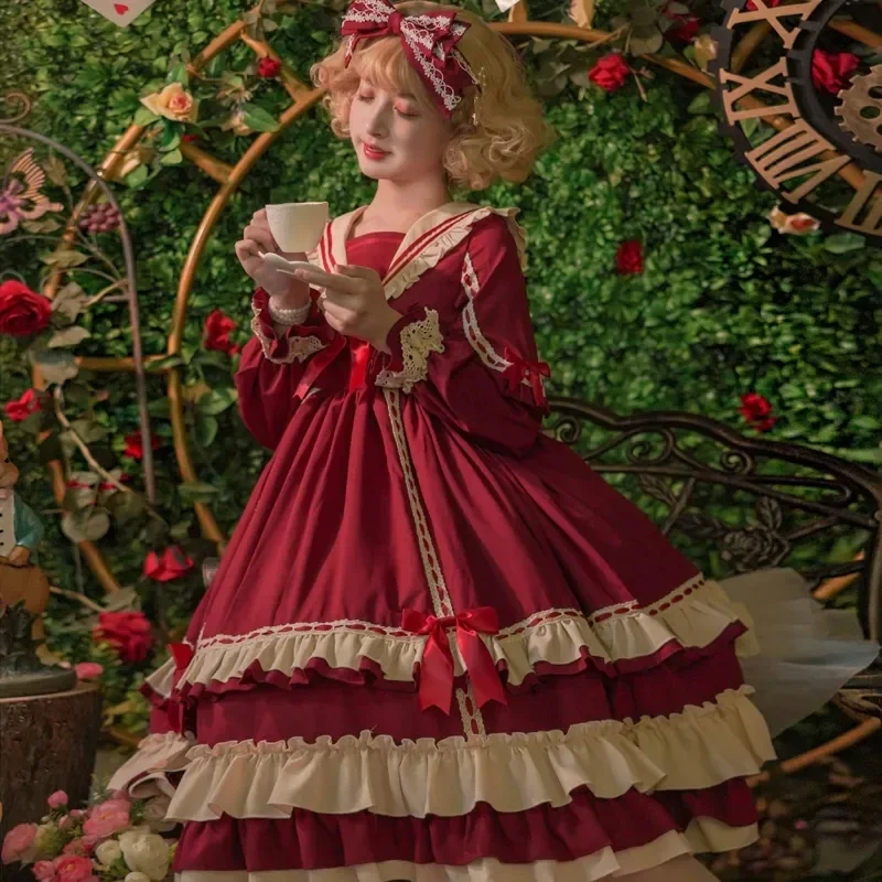 MAGOGO بنات عيد الميلاد OP كم طويل لوليتا فستان الأخوات الناعمة عالية الخصر الكشكشة تقسم الحلو القوس فستان حفلة المحكمة خمر