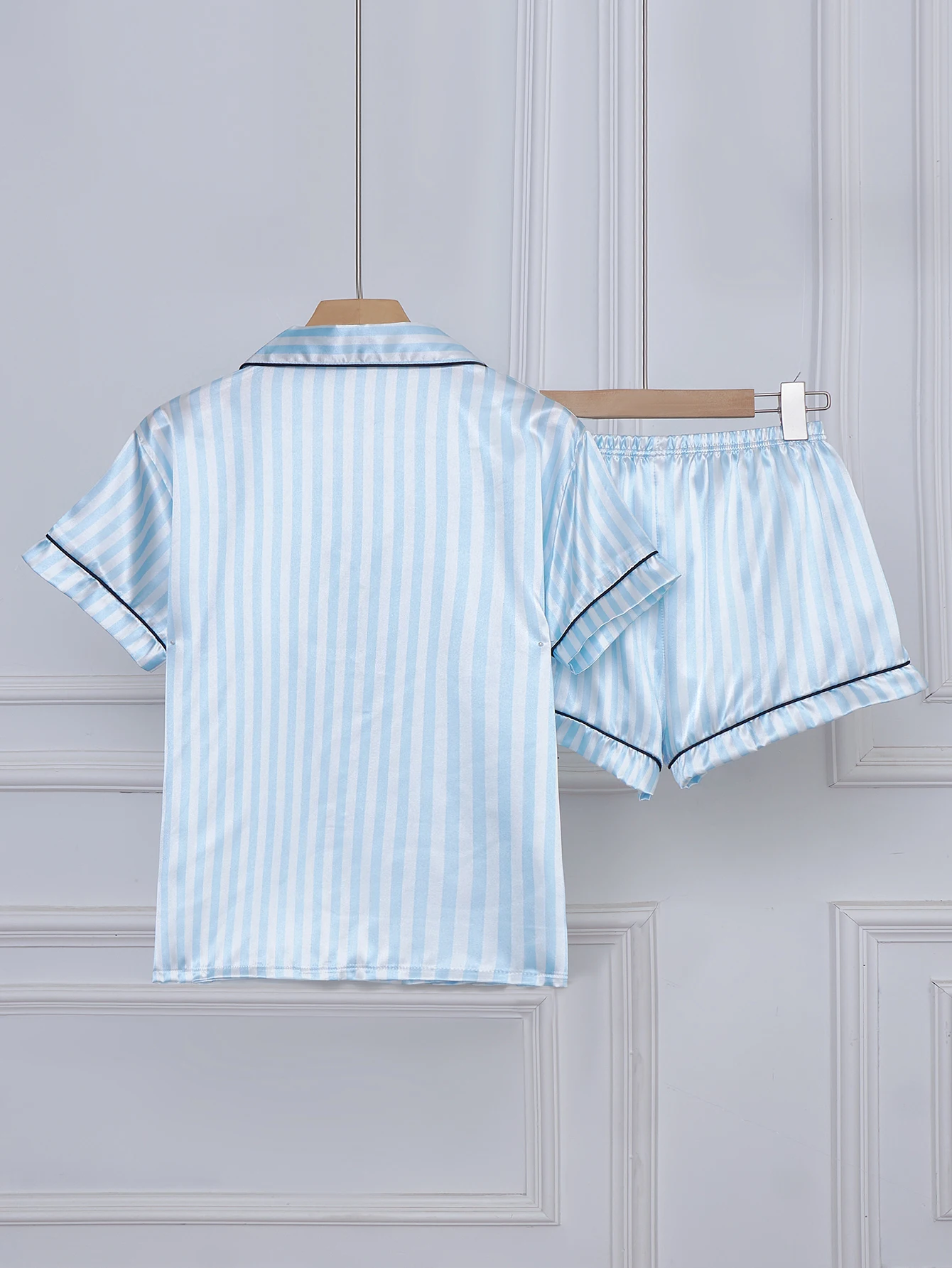 3 Sets Striped Embroidered Letter Pocket Pajama Set,Short Sleeve and Shorts Casual Satin Sleepwear with Lapel Collar and Button