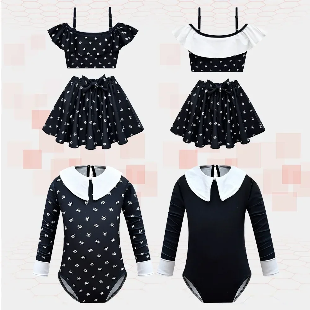 

Movie Wednesday Cosplay Swimsuit Girls Vintage Versatile Black Floral Bathing Suit Kids Addams Role Play Costume Halloween Party