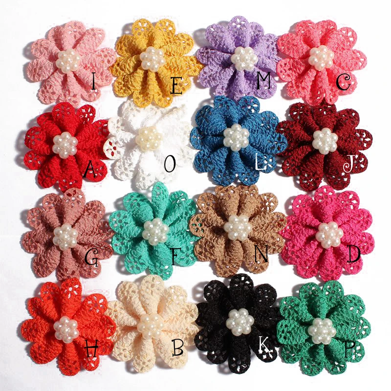 120pcs/lot 5.5cm 16colors Newborn Mini Hollow Out Flowers With Pearl For Girl Hair Accessories Fabric Flowers For Kids Headbands