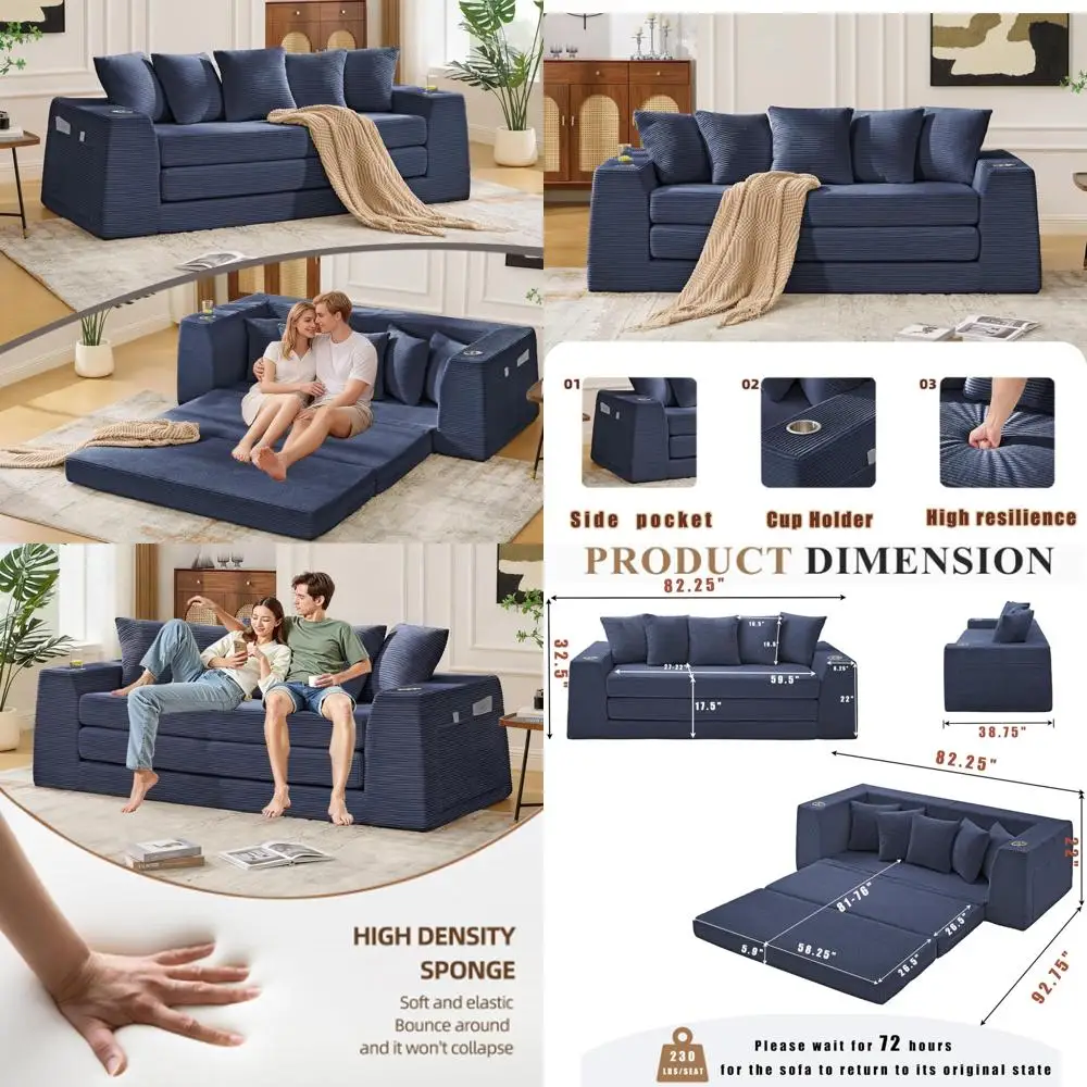 

Вельветовый раскладной диван-кровать 2-в-1 с 5 подушками, компактным и боковым карманом для хранения вещей