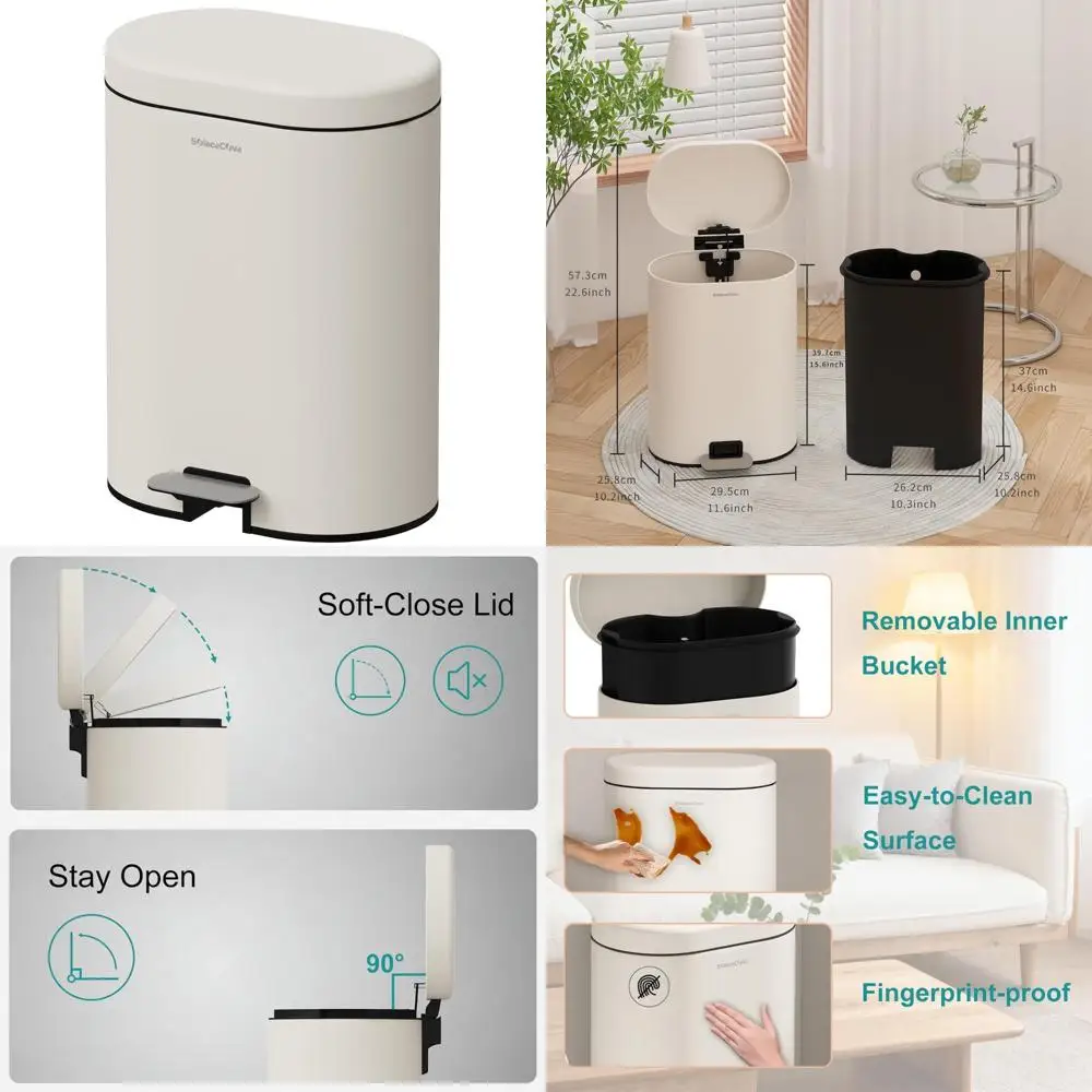 

Oval Brushed Stainless Steel Trash Bin with Soft Close Lid and Removable Inner Bucket for Bathroom and Office Use