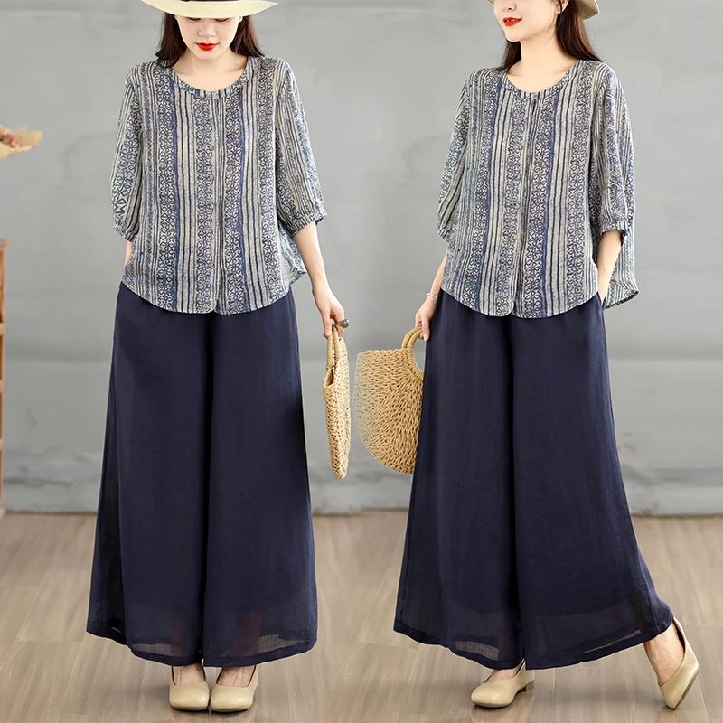 

Fashionable plus Size Women's Cotton Linen Set Wide Leg Pants Top Bottoms Two Piece Suit Commute Style Artistic Regular Fit