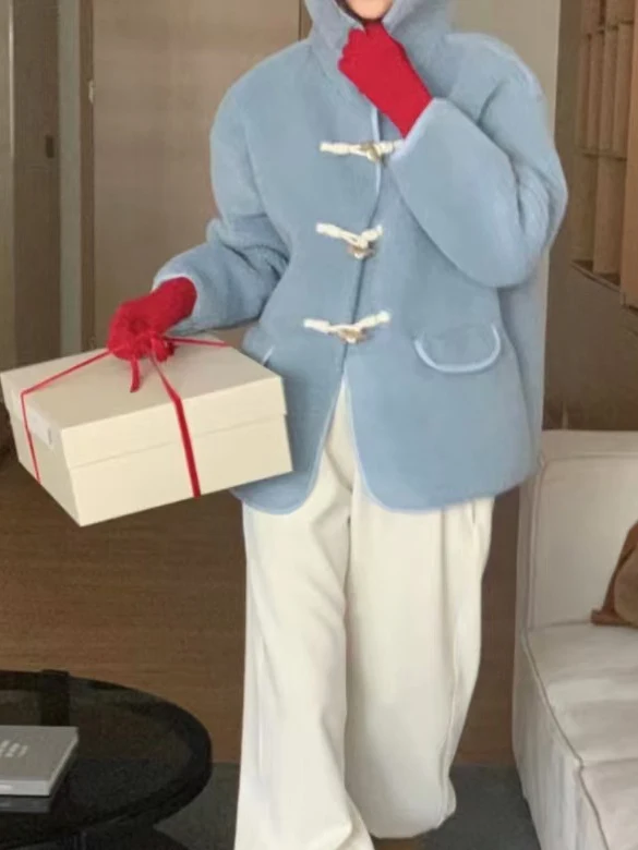 Carino coreano Sle ort Fur Jaet cappello invernale da donna design vestibilità ampia cappotto grande bottone ad angolo caldo adorabile college Sle