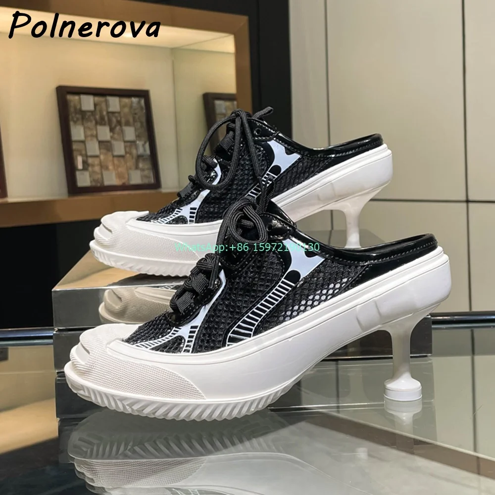 Air Mesh Strange Style Heel Sneakers Mixed Color Round Toe Lace Up Stiletto Shoes All Match Sports Style Leisure Modern Shoes