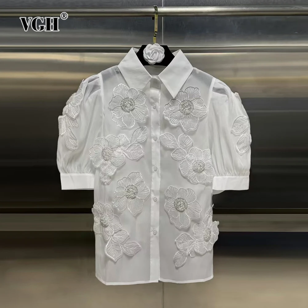 

VGH Casual Patchwork Appliques Solid Shirts For Women Lapel Short Sleeve Spliced Single Breasted Slimming Shirt Female Fashion