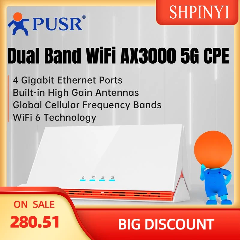 PUSR Global 4G/5G Dual Band WiFi6 AX3000 CPE Router Sim Card Slot Qualcomm IPQ5018 4*Gigabit Ports FWA up to 3000Mbps U200