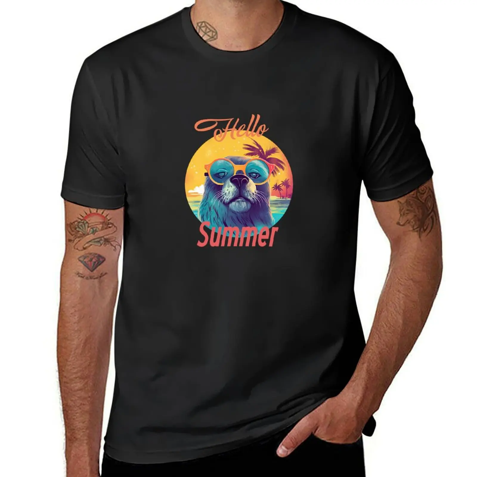 Hello Summer Sea Lion T-shirt Blouse Short sleeve tee mens graphic t-shirts anime