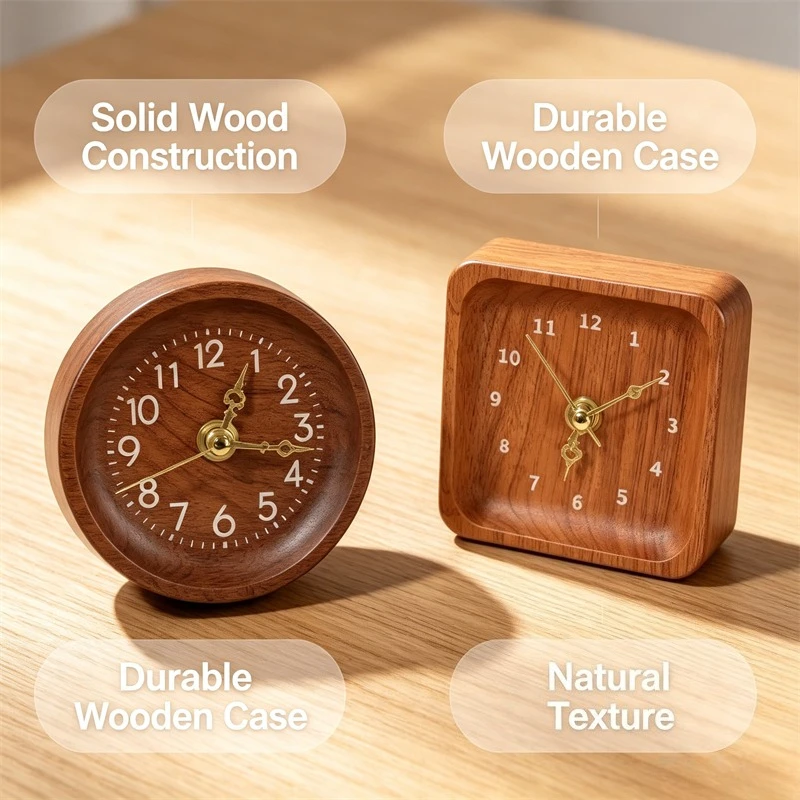 Solid Wood Silent Desk Clock Round Square Vintage Analog Timepiece Non-ticking Bedside Wake Timer Decor Clock Bedroom Household