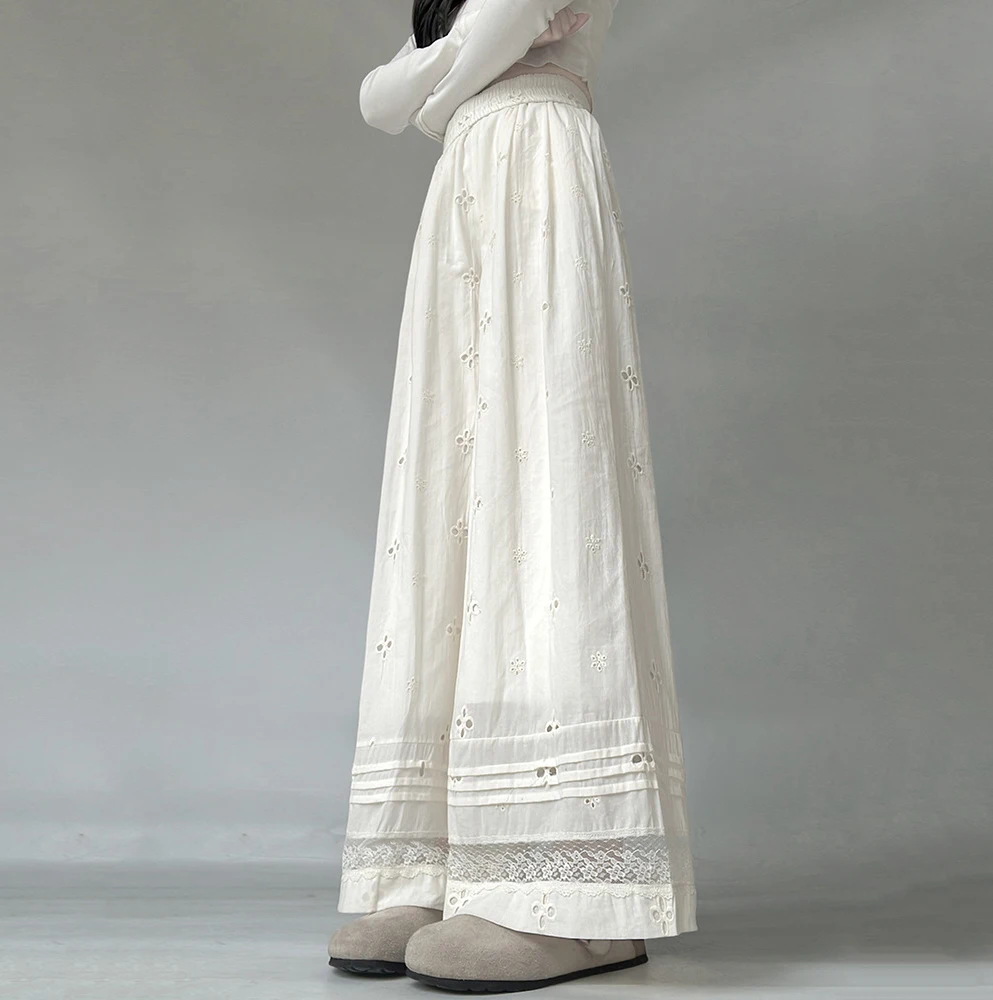 White Embroidered Hollow Women's Wide Leg Pants Korean Style Fashion Simple Elastic Waist Cotton Hemp Lace Splicing Loose Pants