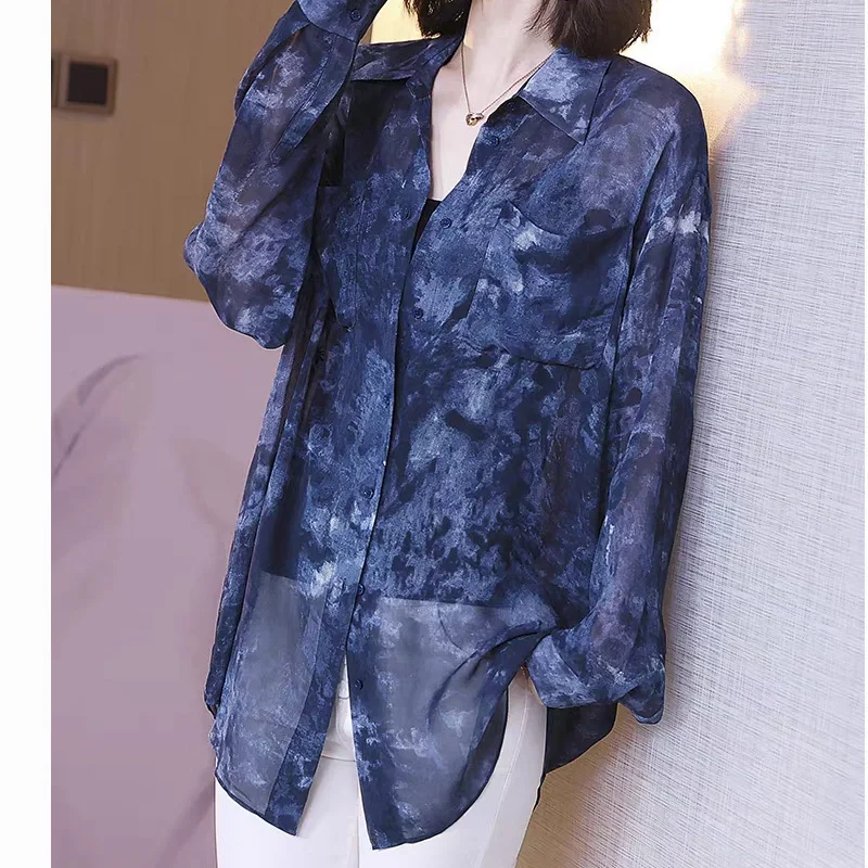 Summer New POLO Collar Fashion Long Sleeve Shirt Women High Street Casual Loose Button Cardigan Printing Elegant All-match Tops