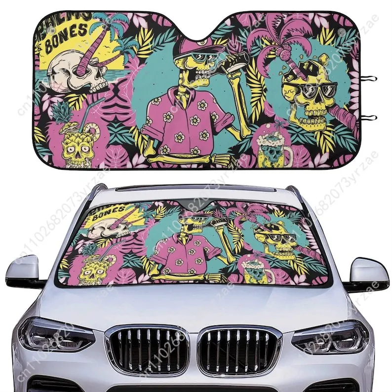 

Tropical Beach Skull Car Sun Shade Good Heat Insulation Effect Windshield Sunshade Portable Waterproof Easy Clean Car Accessory