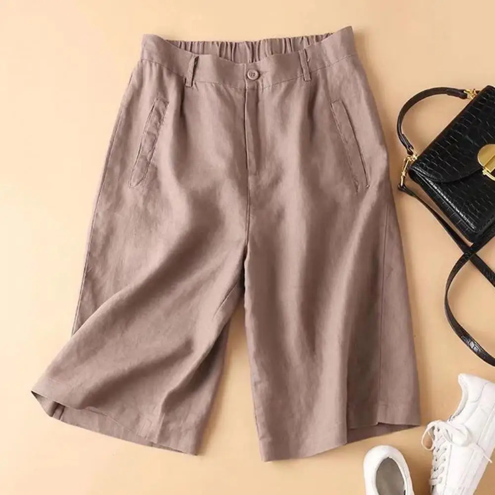 Women Summer Shorts Elastic Waist Pockets Solid Color Loose Wide Leg Daily Wear Straight Thin High Waist Shorts Female Clothes