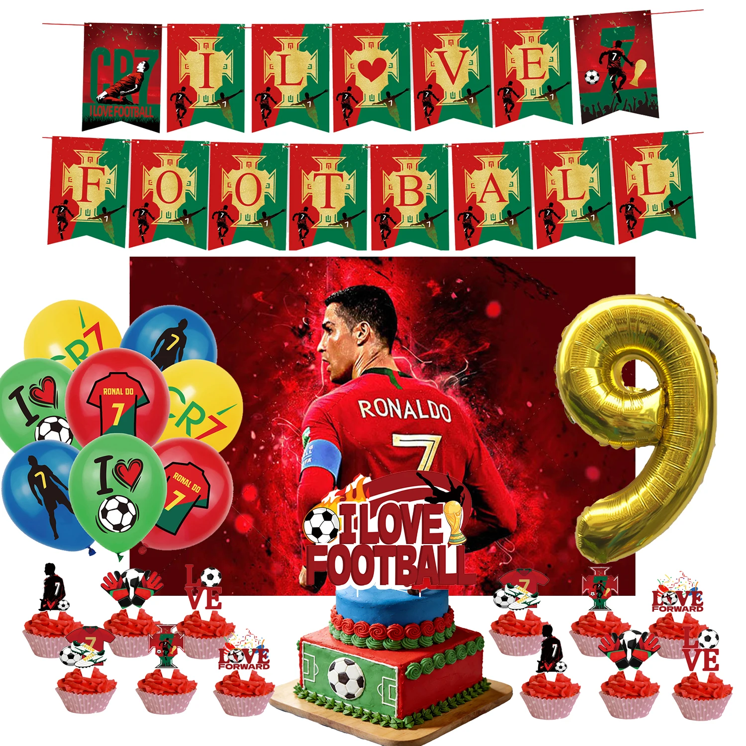 Fußballspieler-Themenparty-Dekoration: Fußball-Cr&7-Superstar-Partyzubehör, Teller, Becher, Ballons, Banner, Papierhintergrund, Partygeschenk