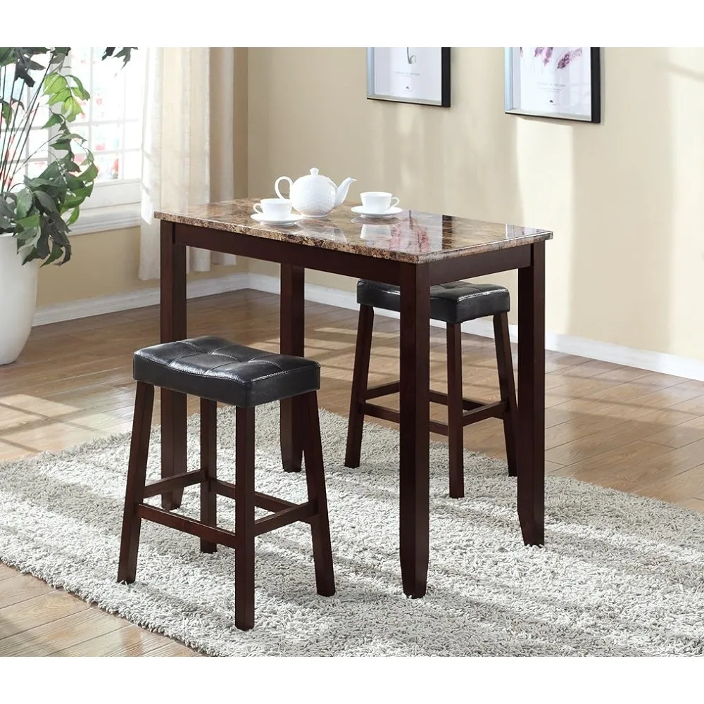 Roundhill Furniture 3-Piece Counter Height Glossy Print Marble Breakfast Table with Stools