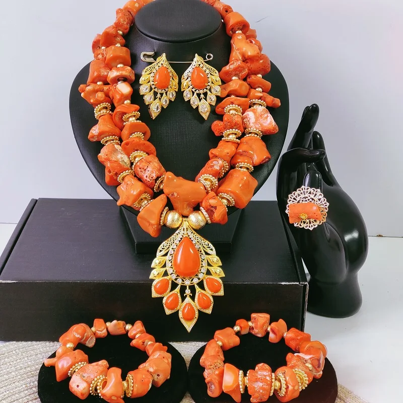 New Fashion African Coral Beads Set Wedding Party Bride Jewelry Luxury Nigerian Coral Beads Set