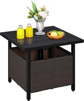 Outdoor Patio Side Table with Umbrella Hole, All-Weather Wicker Coffee Table for Garden and Poolside in Black