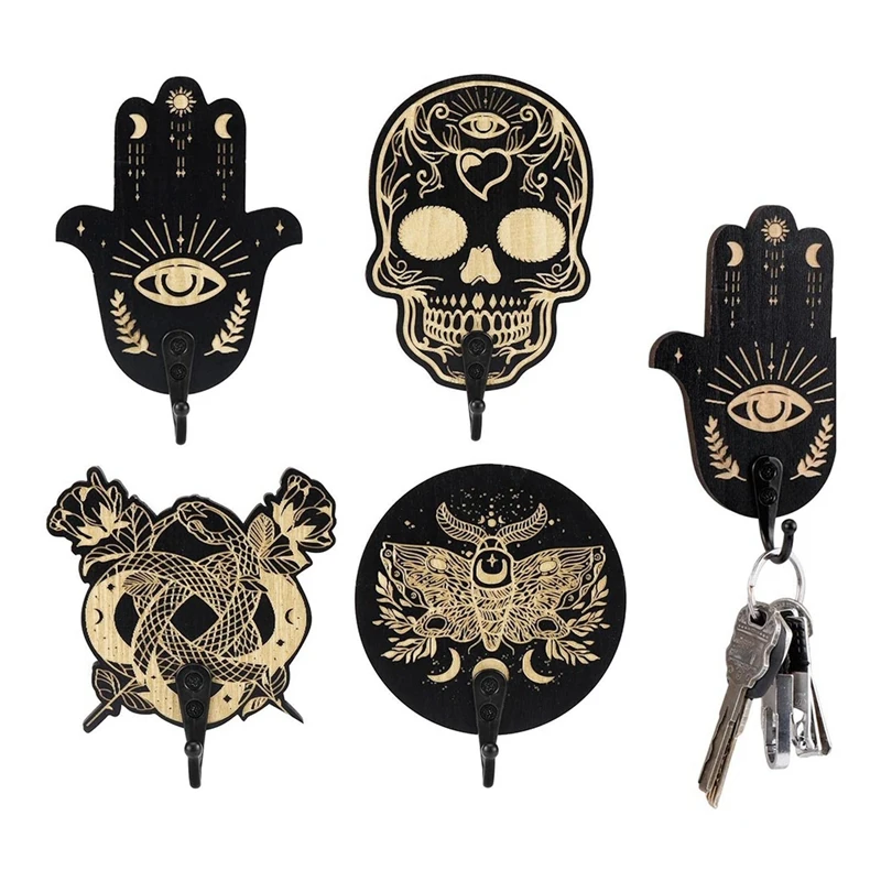 4 Pcs Wooden Wall Hooks Evil Eye Decor For Wall Hamsa Hand Key Holder Skull Zen Spiritual Moon Key Holder