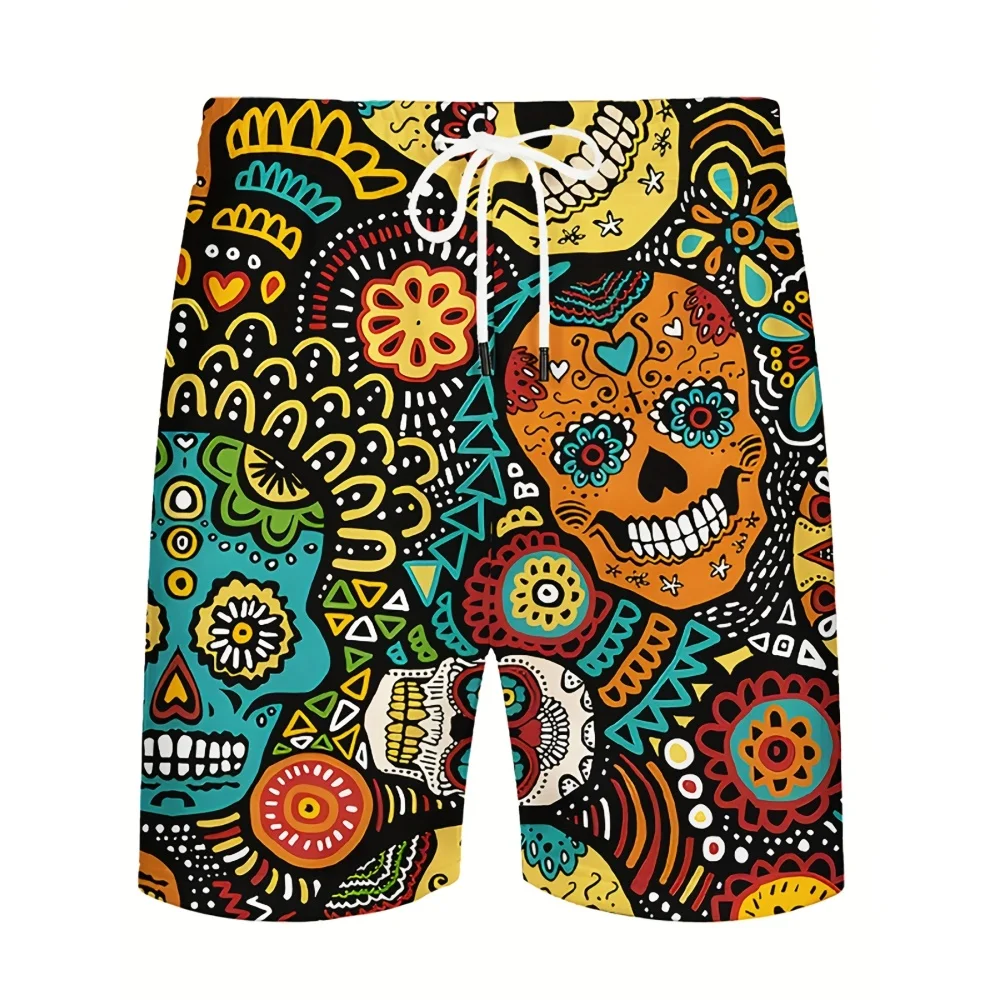 Pantaloncini da spiaggia stampati con teschio alla moda da strada Estate Mare Nuoto Surf Pantaloni ad asciugatura rapida Pantaloncini casual larghi con coulisse da uomo