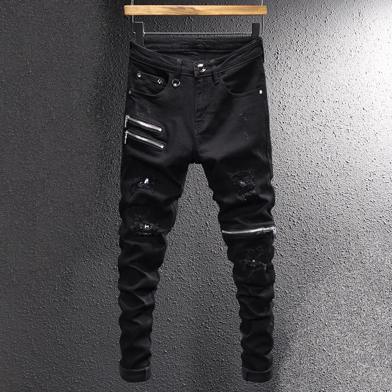 

Streetwear Fashion Men Jeans Black Elastic Slim Fit Destroyed Ripped Jeans Men Zipper Designer Hip Hop Stretch Denim Punk Pants