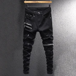 Đầm Dạo Phố Quần Jean Thời Trang Nam Đen Co Giãn Ôm Vừa Bị Phá Hủy Quần Jeans Rách Nam Dây Kéo Thiết Kế Hip Hop Căng Denim Punk Quần