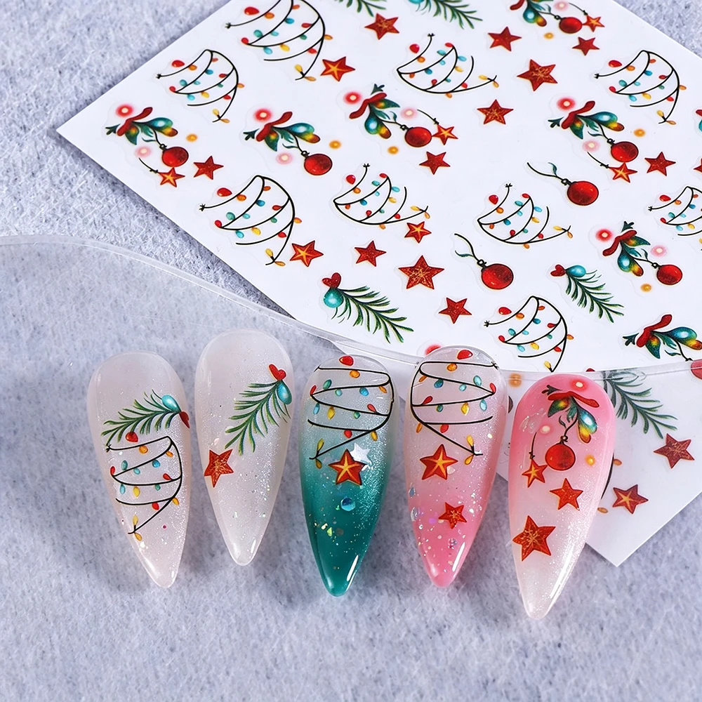 1 Stück 3D Leuchtende Bunte Weihnachts-Nagelaufkleber Grüner Tannenzweig/Roter Christbaumkugel-Stern Nagelsticker Selbstklebende Feiertags-Nageldekoration – Detail 5
