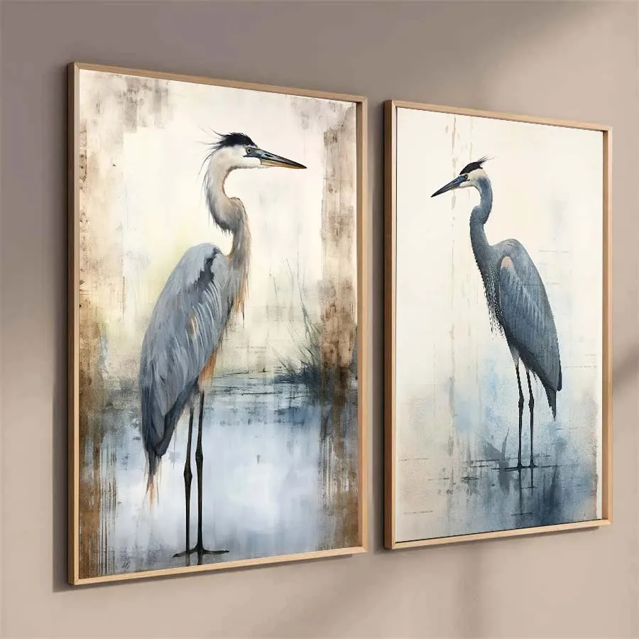 Watercolor Style Retro Blue Heron Minimalist Marsh Bird Art Posters Canvas Painting Wall Prints Pictures Coastal Room Home Decor