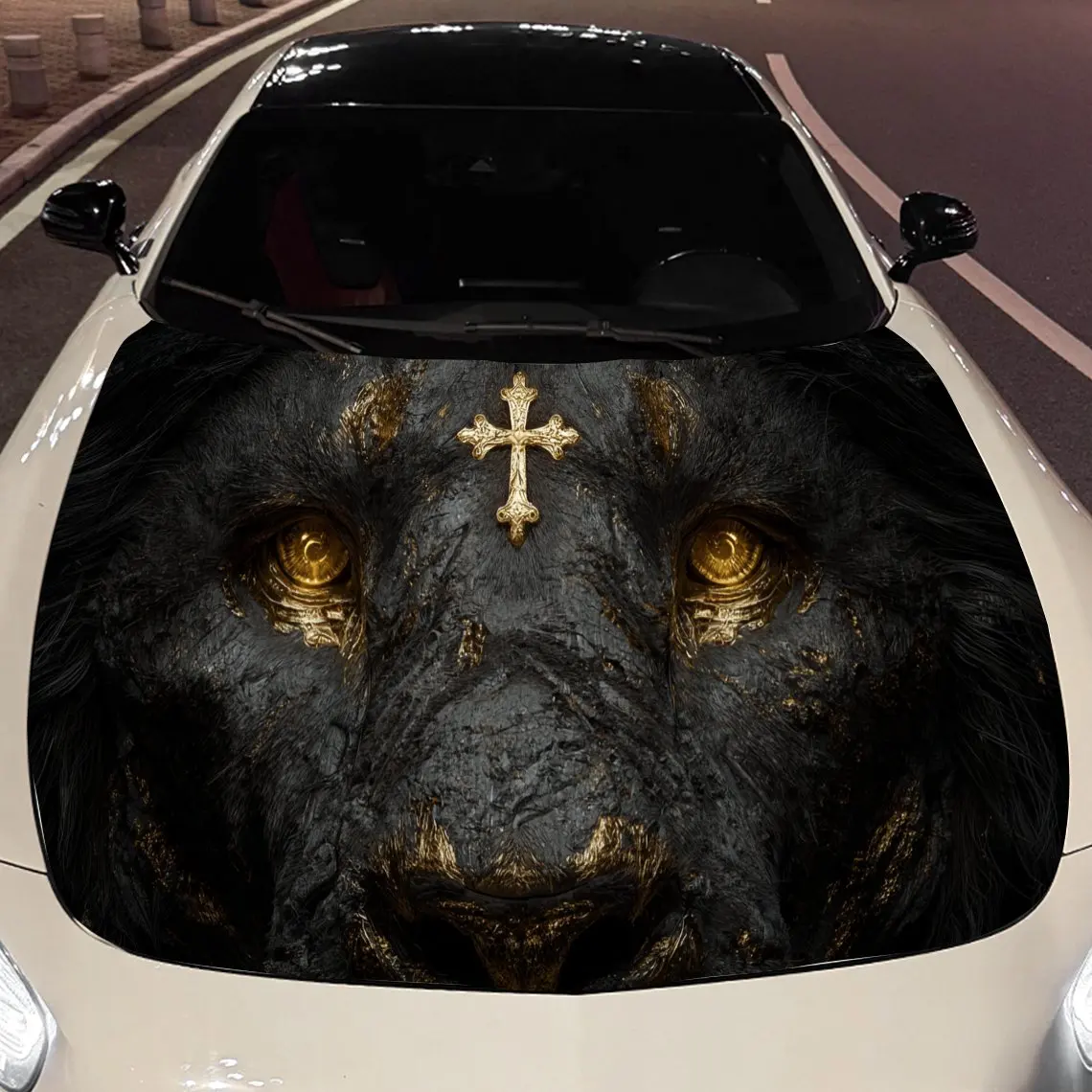 Golden Lion with Cross Car Engine Hood Sticker, Auto Vinyl Wraps, Waterproof Self-adhesive Vehicle Decal, Durable & Anti-scratch