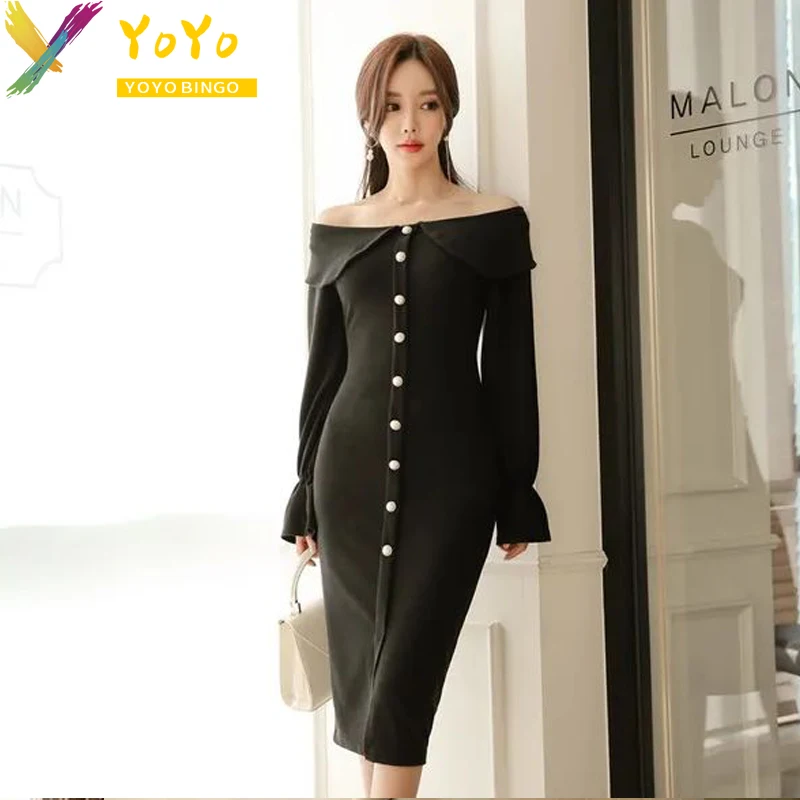 

Elegant Party Dress Black Collar Ruffled Flared Sleeve Dress Spring Fashion Korean Women Slim Bodycon vestido Sexy Club Dress