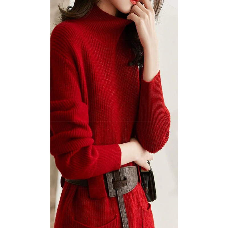 Autumn Winter Half High Collar Solid Color Loose Casual Belt Dress Women\'s Elegant Fashion Knitting Waist Vestidos Female Robe