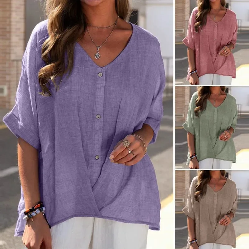 

S-5XL Size Cotton Women Casual Loose Short Sleeve Shirts Summer Autumn Half Sleeve Elegant Chic Blouse V Neck Button Tops New