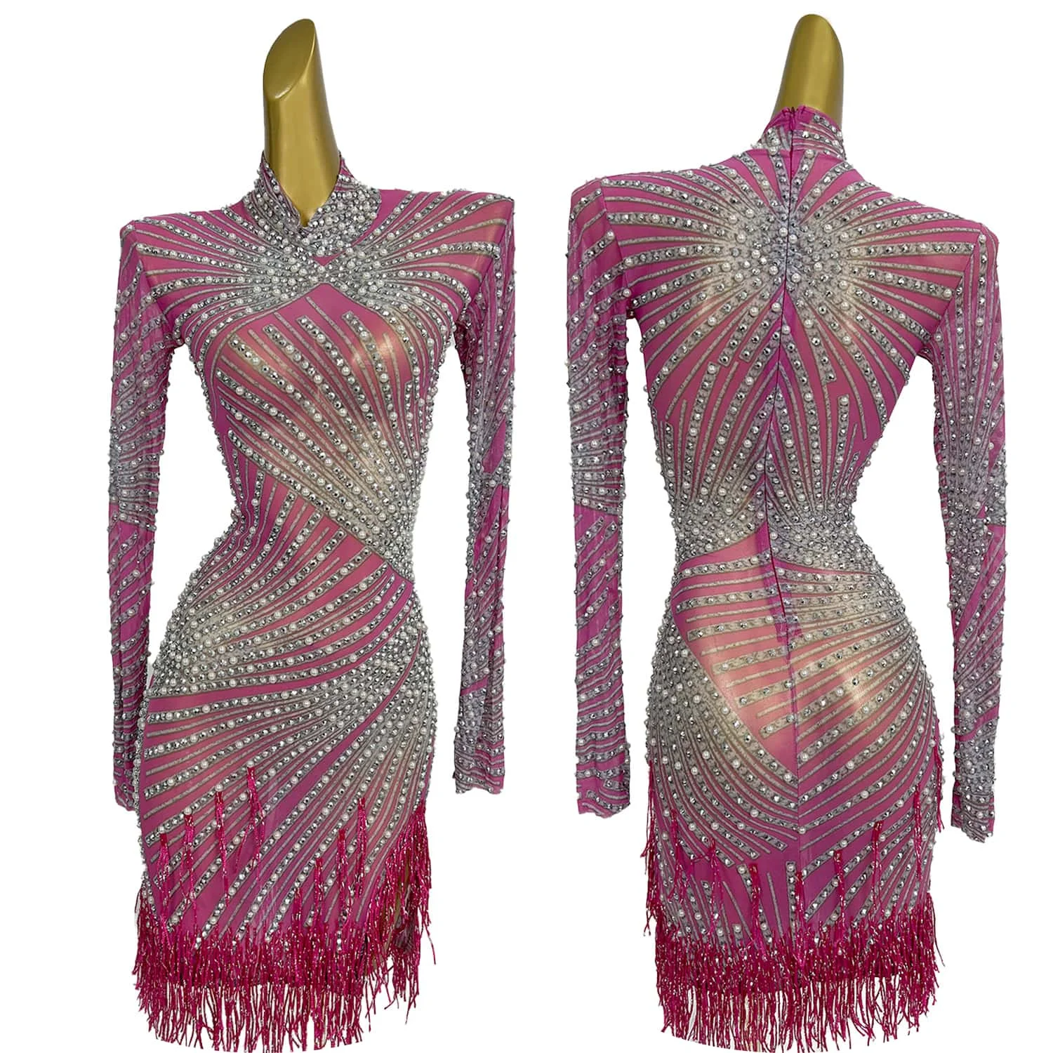 Sparkly Diamond Women Mini Dress Pearls Embellished Outfit Tight Stretch Asymmetrical Beaded Tassel Costume Stage Wear Zonglv