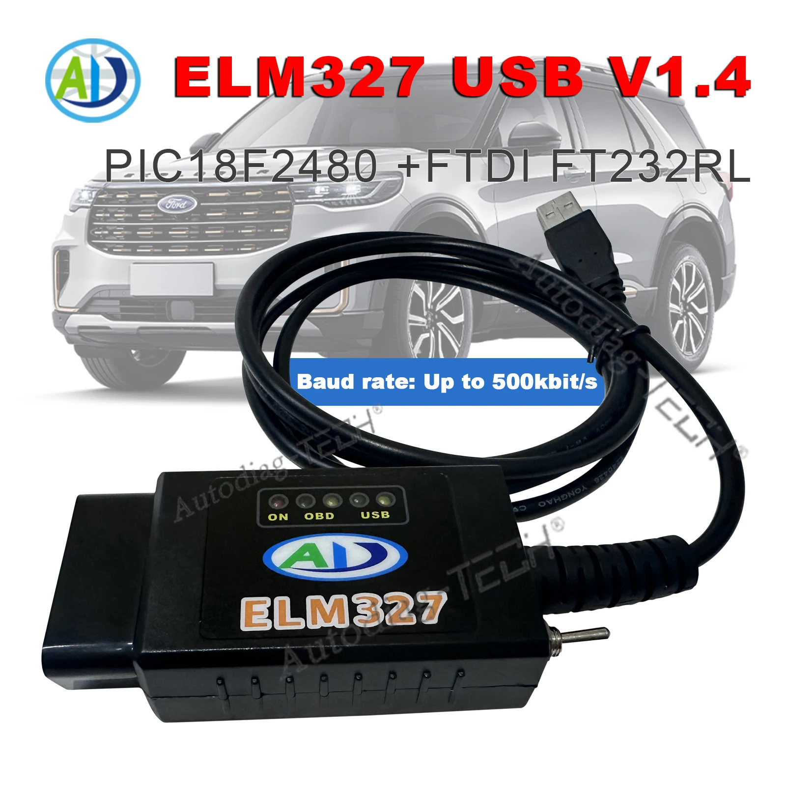 

ELM327 USB V1.4 FTDI FT232RL PIC18F2480 CAN-HS/MS for Ford Forscan OBD2 Scanner Code Reader 500kbit/s Automotive Diagnostic Tool