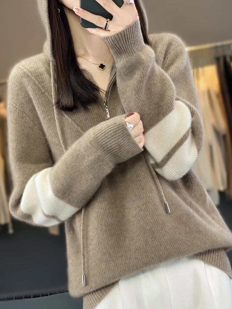 Autumn Winter Women Hoodie Collar Sweater 100% Merino Wool Half Zipper Casual Thick Pullover Cashmere Knitted Coat Fashion Tops