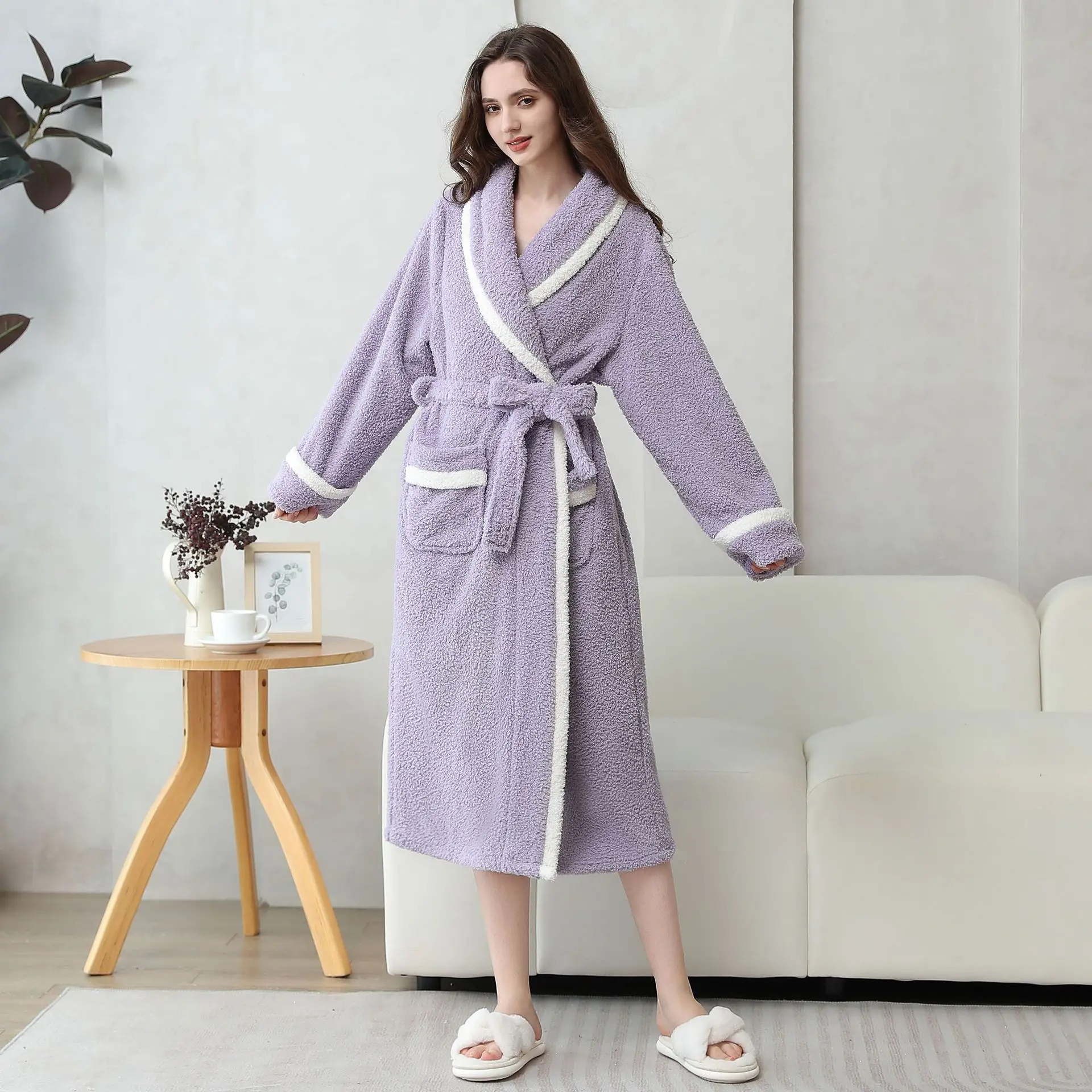 

Женская одежда для сна с толстыми лацканами, фланелевая теплая ночная рубашка, халаты, одежда для сна, женский зимний халат, свободный халат на шнуровке, одежда для дома