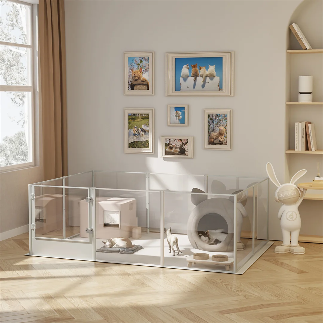 180cm Clear Acrylic Dog Playpen with Whelping Pad Indoor Pet Exercise Pen Puppy Enclosure for Cats and Dogs