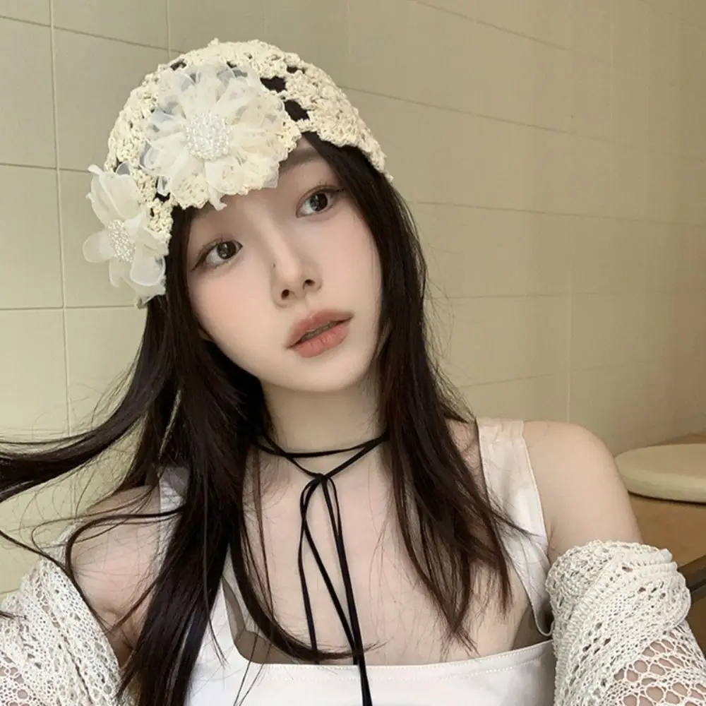 

Breathable Hollowed Out Knitted Hat Lace Flowers Beret Cap Summer Casual Skullies Hat for Women