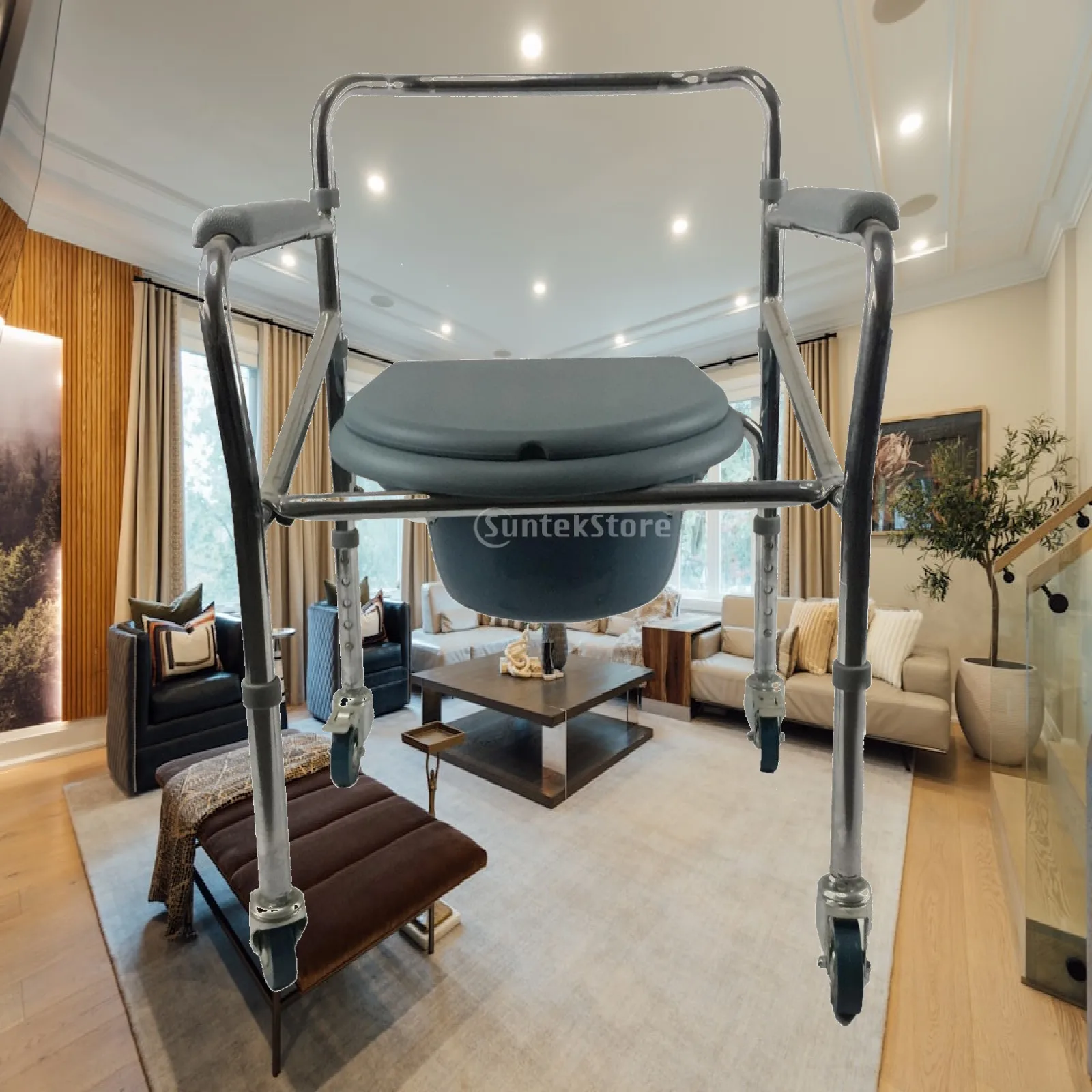 Disabled Rolling Transfer Commode Chair with Padded Armrests and Lid for Home Toileting Support