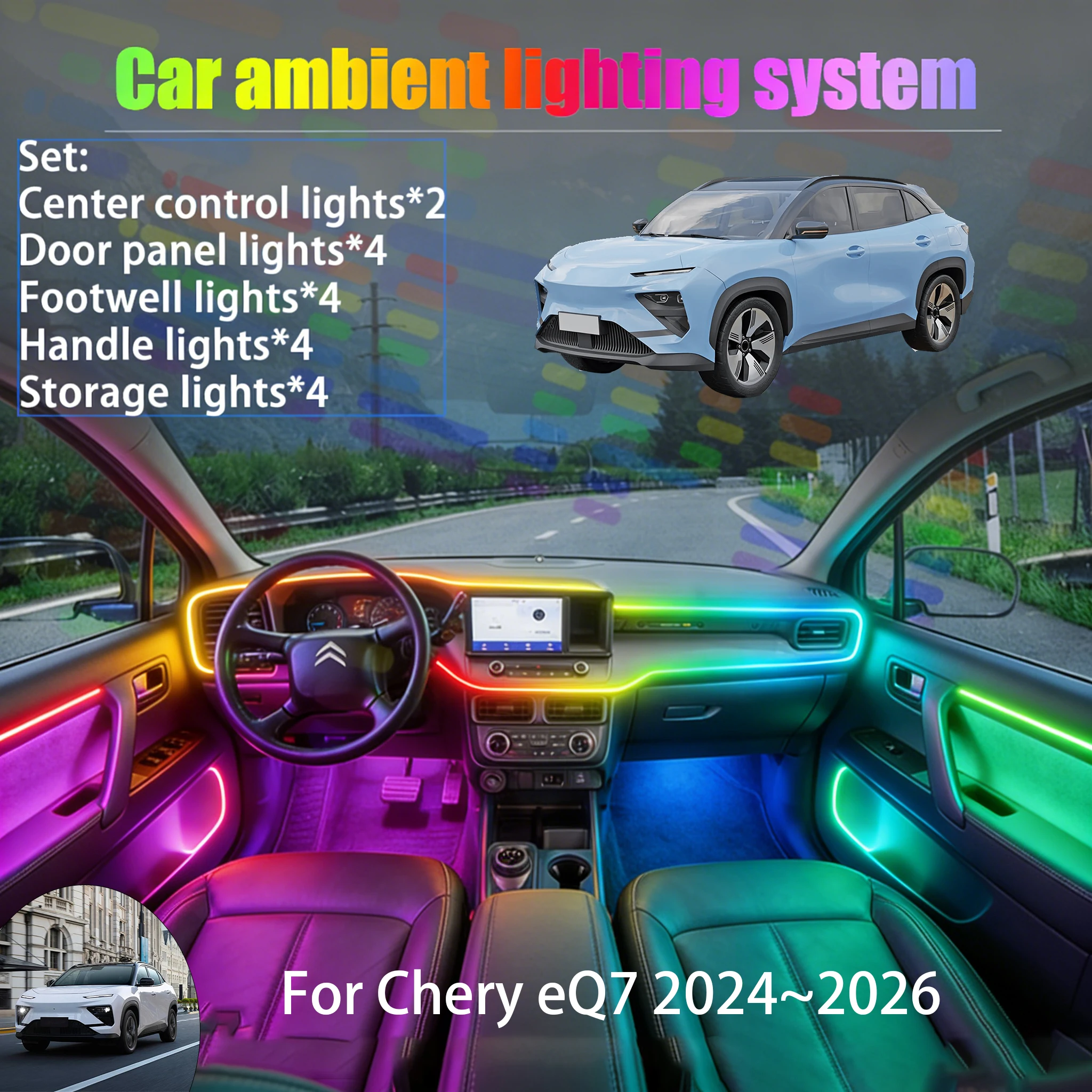 

Для Chery eQ7 2024~2026: Комплект светодиодной подсветки салона и багажника 2/18 в 1, USB RGB, с эффектом потока, аксессуары
