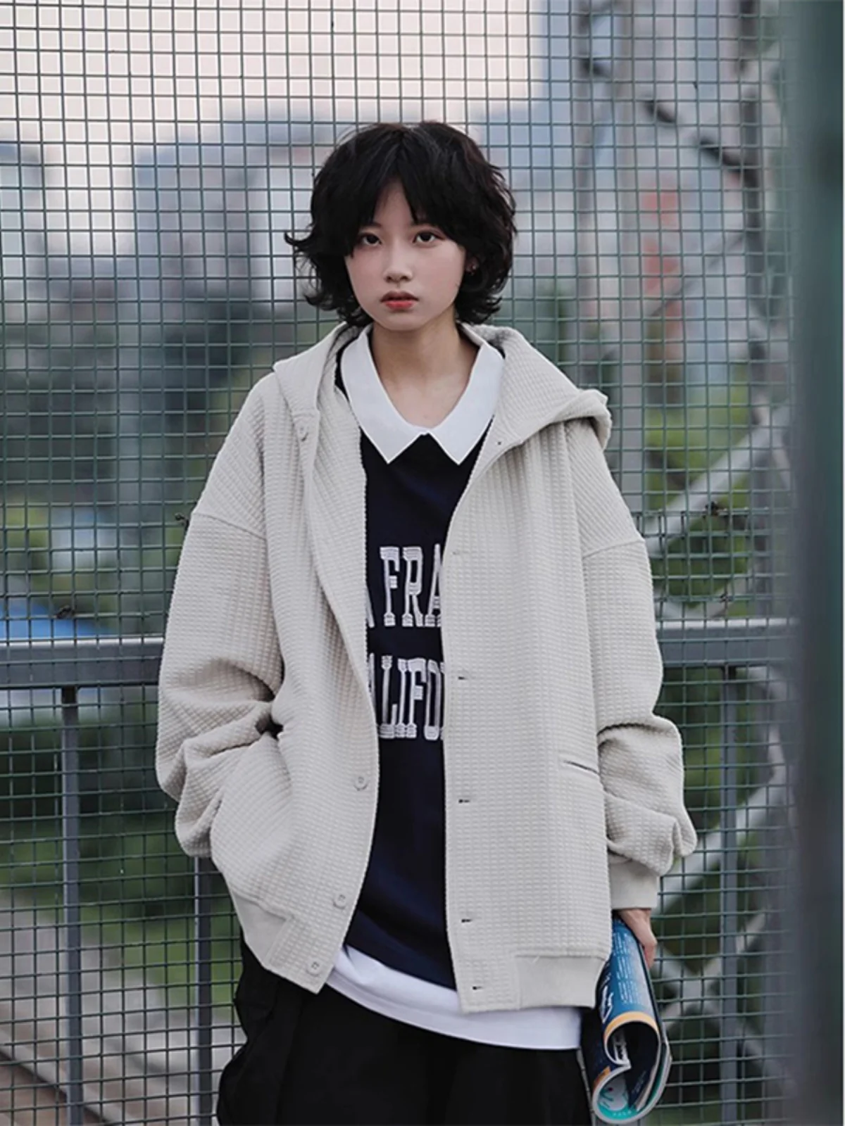 

Japanese Sle Wfle Pattern Open Cardigan Jaet Men's Basic Color Hood Loose Simple Couple Outerwear Youth Faion