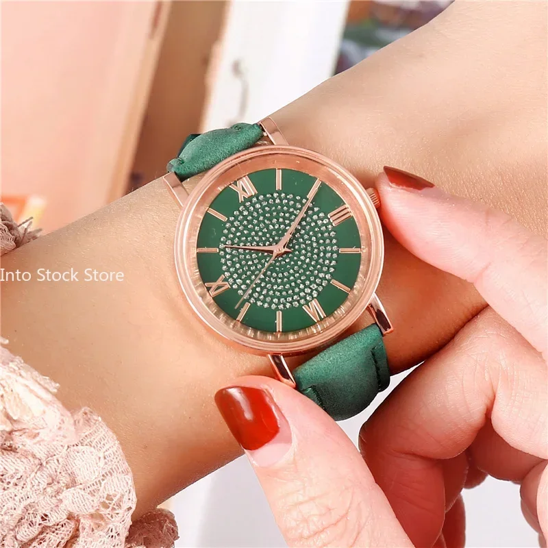 Starry Sky Dial Watches for Women Fashion Roman Scale Rhinestone Leather Ladies Quartz Watch Female Wrist Watch Reloj De Mujer