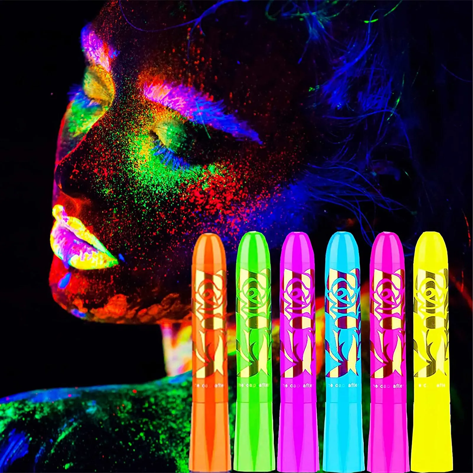 Kit de pintura de neón para cara y cuerpo, marcador de maquillaje fluorescente que brilla en la oscuridad, Halloween, 6 piezas por juego